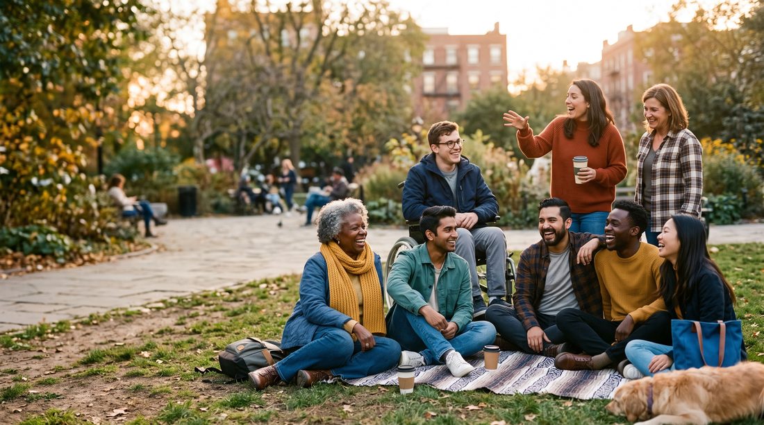 Un groupe divers d'amis riant ensemble dans un parc / Un grupo diverso de amigos riendo juntos en un parque / A diverse group of friends laughing together in a park